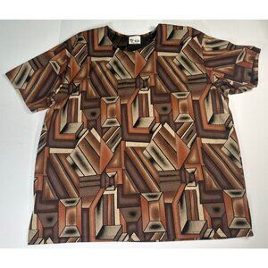 Vintage USA Women’s Blouse 2XL Brown Geometric Print Shoulder Pads Stretch